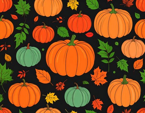 Colorful cartoon pumpkins and foliage on a black background, seamless pattern
