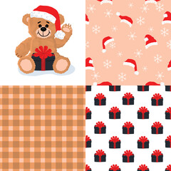 Christmas Teddy bear print and seamless pattern set. Funny cartoon character with santa's hat and gift box. Backgrounds with present, headwear, snowflakes, plaid. Vector festive design. 