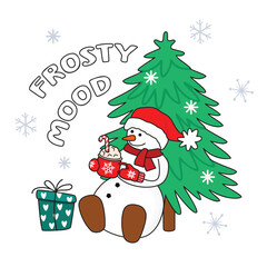 Frosty mood card with cute snowman. Funny character sitting near a spruce tree and holding a mug of drink in his hands. Christmas cartoon print with hand written. Vector  illustration in groovy style.
