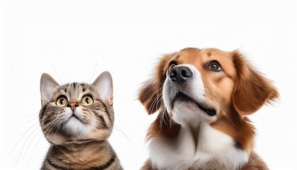 banner with a cat and a dog looking up isolated on white background
