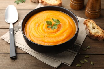 Tasty pumpkin cream soup with spices served on wooden table, closeup