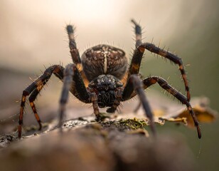 Close-up view of a large, hairy spider on a blurry log