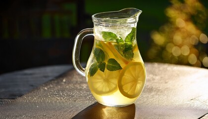 glass jug of citrus lemonade with mint leaves and ice cubes on dark t summer table in natural sunlight