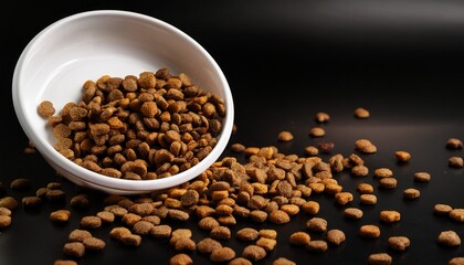 Fototapeta premium dry dog food spilling from white bowl on black background with scattered pellets