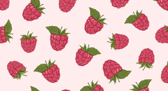 Seamless pattern featuring a delightful array of ripe red raspberries and their green leaves, evenly spaced on a gentle pink backdrop.