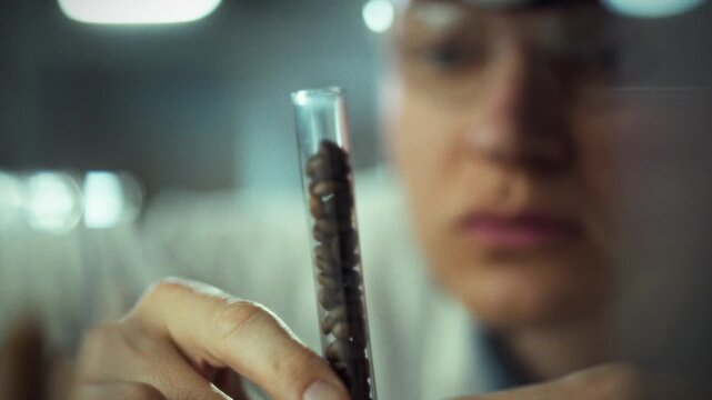 In a laboratory, a researcher carefully holds a tube containing coffee beans as part of an experiment. This work aims to explore innovative methods for coffee production