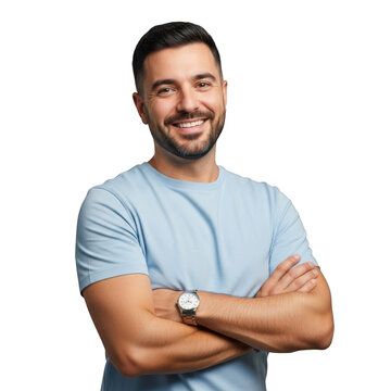 A confident and happy young man with a beard and a watch smiles with his arms crossed isolated on transparent background