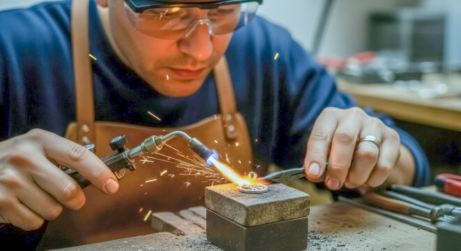 jeweler soldering and repairing a piece of jewelry with a torch - Powered by Adobe