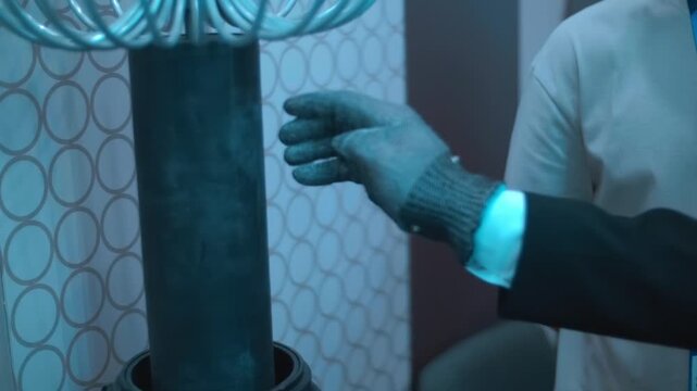 A lightning bolt emerges from a metal glove on a guy's hand and hits a Tesla coil. Closeup. Slow mo, slow motion, high speed camera