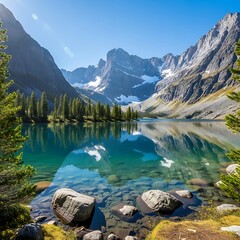 Obraz premium Scenic Mountain Lake Reflection with Clear Water and Rocky Shoreline.