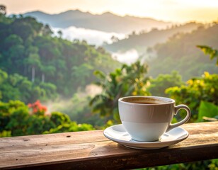 Cup of coffee on a wooden railing overlooking a lush landscape