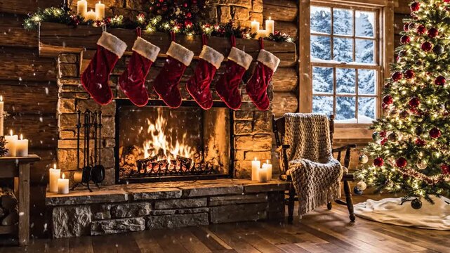 Cozy Christmas magic by the fireplace with stockings, snow falling outside window