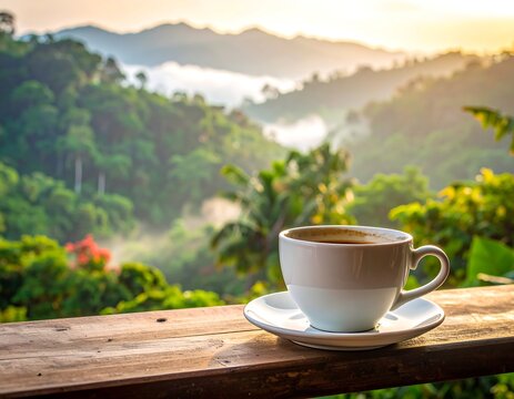 Cup of coffee on a wooden railing overlooking a lush landscape