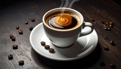 Cup of steaming dark liquid with foam swirl, beans on wood surface