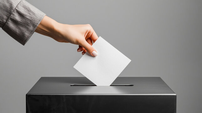 Woman person vote with ballot box on blank voting concept.