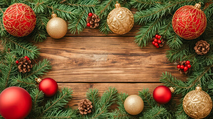 Top view of Christmas decorations with gifts, candy canes, and ornaments on a wooden background creating a festive holiday atmosphere