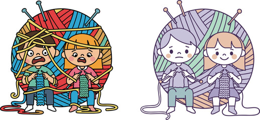 children, knitting, yarn, wool, craft, hobby, handmade, textile, cartoon, illustration, vector, design, creative, element, teamwork, learning, fun, play, skill, concept