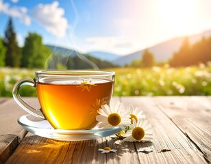 Cup of tea with flowers, steam, and a blurred outdoor background