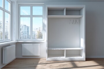 Fototapeta premium Modern empty wardrobe with open shelves and hanging space, situated in a bright room with large windows, showcasing natural light and minimalistic design elements