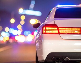 Close-up view of a police car at night with flashing lights