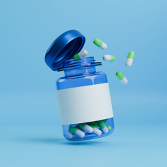 Green and White Pills Spilling from a Transparent Blue Medicine Bottle