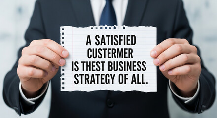 Businessman Holding Sign Board with Customer Satisfaction Trust Business Strategy Quote for Marketing Success and Client Relationship