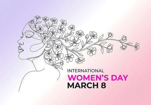 Elegant Continuous Line Art Woman with Blossoming Flowers — International Women’s Day Celebration, March 8