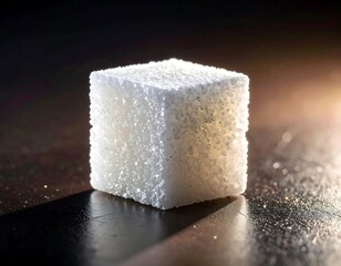 Close-up view of a single, frosted white cube against dark background