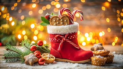 A red christmas stocking filled with candy canes and gingerbread cookies sits on a snowy surface with festive lights in the background