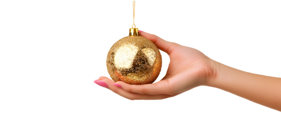 Hand holding a golden Christmas ball on a white background