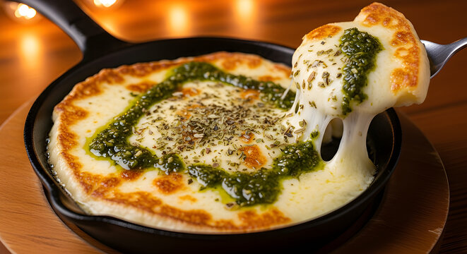 Argentine provoleta cheese with oregano and chimichurri.