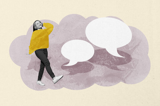 Full 3d image banner sketch collage of happy girl stand icon bubble speech communication chatterbox monologue phrase concept