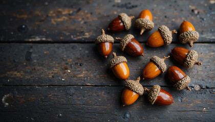 Fototapeta premium Acorns arranged on dark wooden surface in autumn