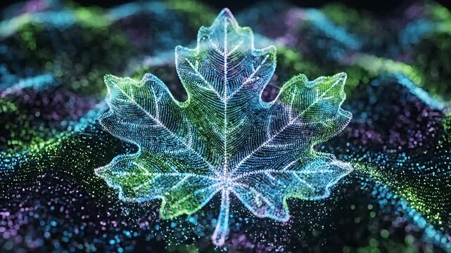 Abstract glowing maple leaf with colorful cosmic dust particles forming a wavy pattern in the background