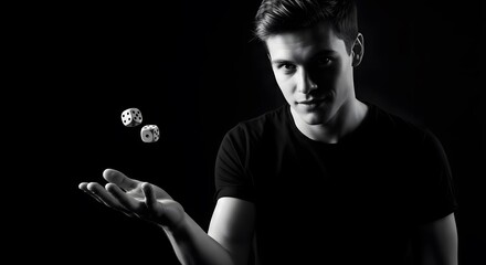 Dramatic black and white portrait of a young man tossing two dice in the air against a dark background.