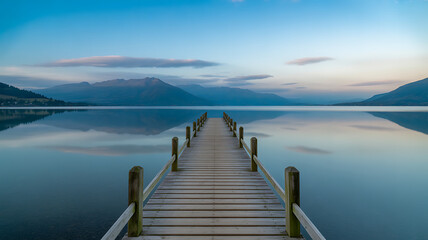 Fototapeta premium Wooden pier extending into calm blue lake at dusk with mountain reflections water