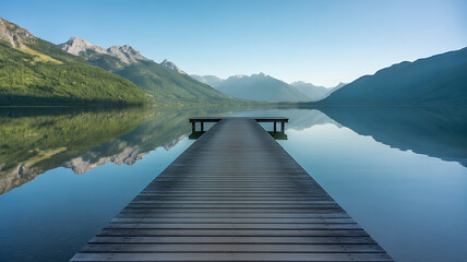 Wooden pier extending into calm blue lake with mountain reflections dock water