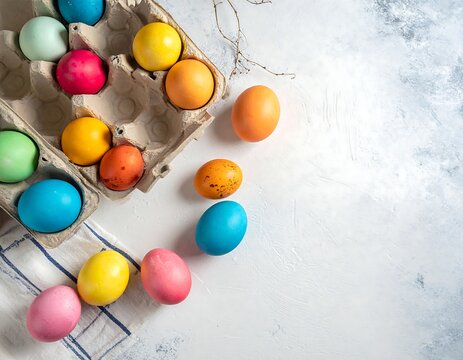 Colorful Easter eggs, some in a carton, on a textured surface