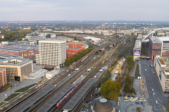 aerial view of Cologne station Koln Messe Deutz and railway tracks