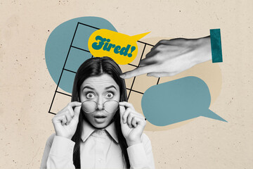 Image full pop trend collage of puzzled businesswoman dismissal inexperienced employee hand point bubble fired tension redundancy