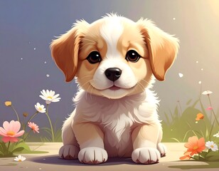 Cute, fluffy puppy sitting among flowers, soft lighting