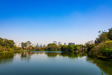 Lago e natureza exuberante em dia ensolarado