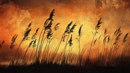 Silhouetted grass swaying in wind under a dramatic orange sky  
