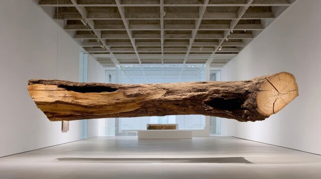 Large wooden log suspended in a modern art gallery, showcasing natural textures and organic shapes, surrounded by minimalist architecture and bright lighting, creating an immersive artistic experience