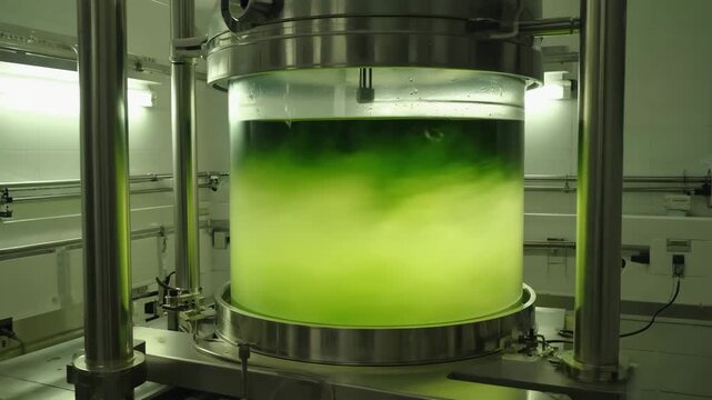A cylindrical bioreactor filled with vivid green algae liquid represents innovation in sustainable biofuel research.
