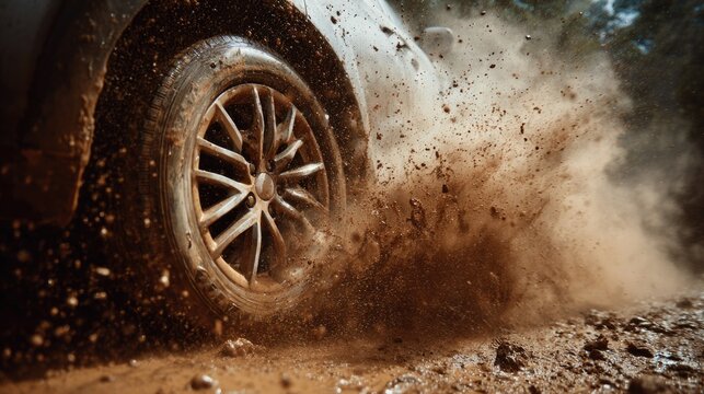 Off-road vehicle wheel splashing mud while driving on dirt road  