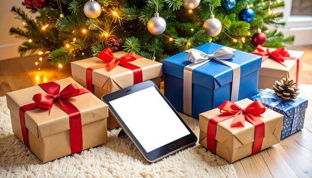 Christmas presents under decorated tree with tablet device transparent background