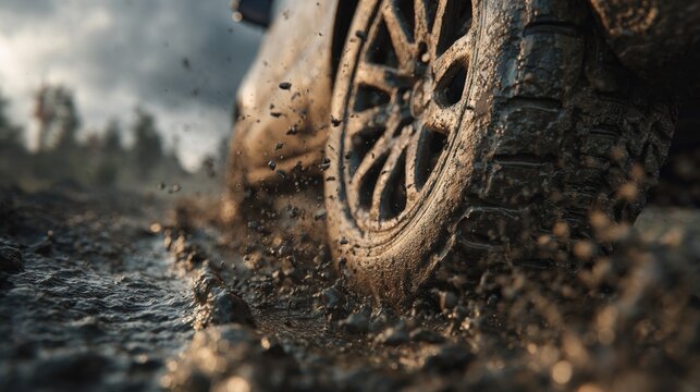 Car tire spinning in thick mud on outdoor terrain  