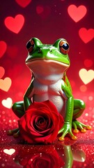 Cute green amphibian holds a red rose with blurred heart bokeh