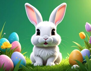 Cute fluffy white rabbit with Easter eggs on vibrant green grass